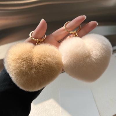 [Cute Little Love] Real Rex Rabbit Hair Heart-shaped Car Keychain Pendant Ins Hair Pom-pom Book Bag Pendant