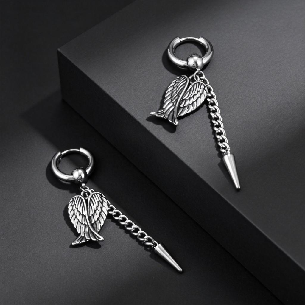 Unique Design Fashion Feather Angel Wings Rivet Tassel Drop Earrings for Men, Hip Hop Rock Stainless Steel Ear Jewelry Gift