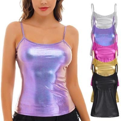 Canotte da donna metallizzate lucide con cinturino per spaghetti, canotte per clubwear, festival, rave