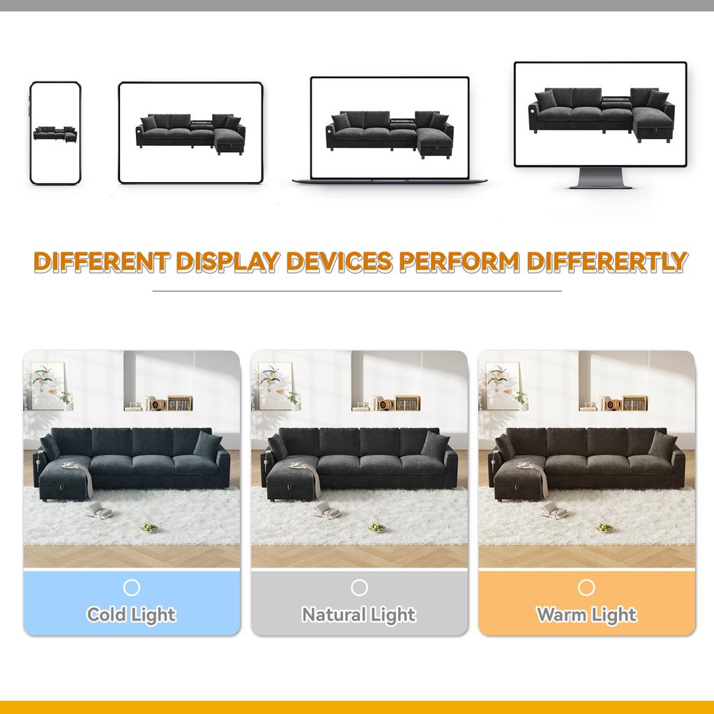 Chenille fabric sofa, L-shaped corner and two armrests with storage space. Fold-out coffee table with two drink holders, 1 USB, 1 Type-C. gray