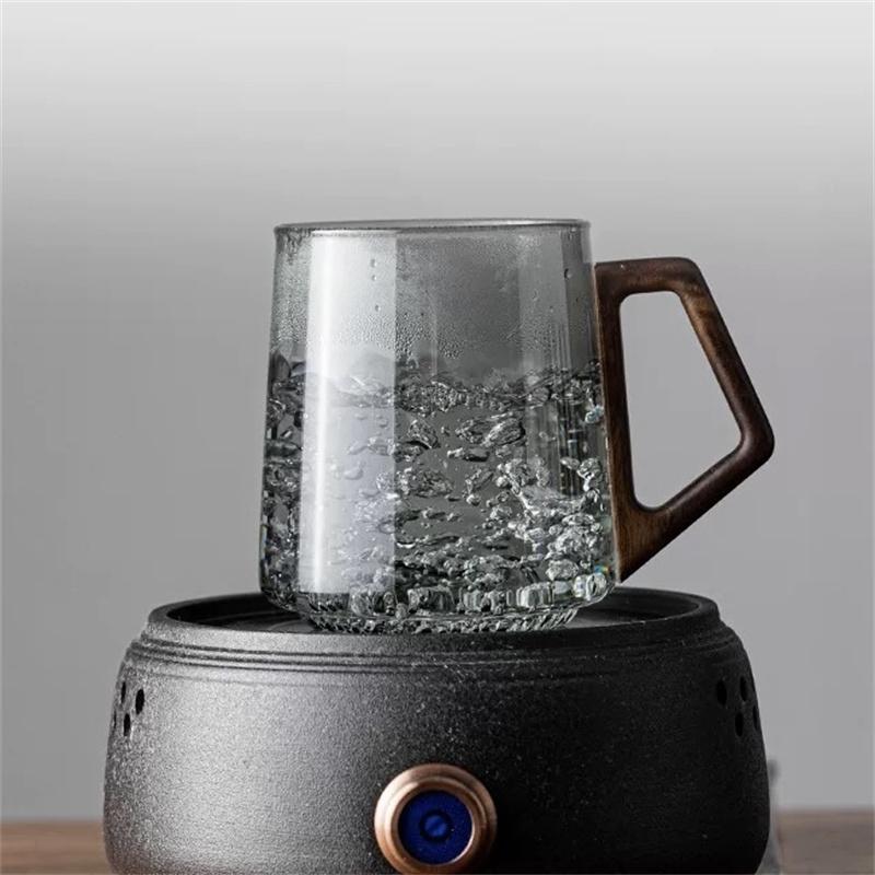 400ml Bottom Mountain View Glass Tea Cup Coffee Mug with Wooden Handle High Temperature Resistance Scented Tea Water Cup