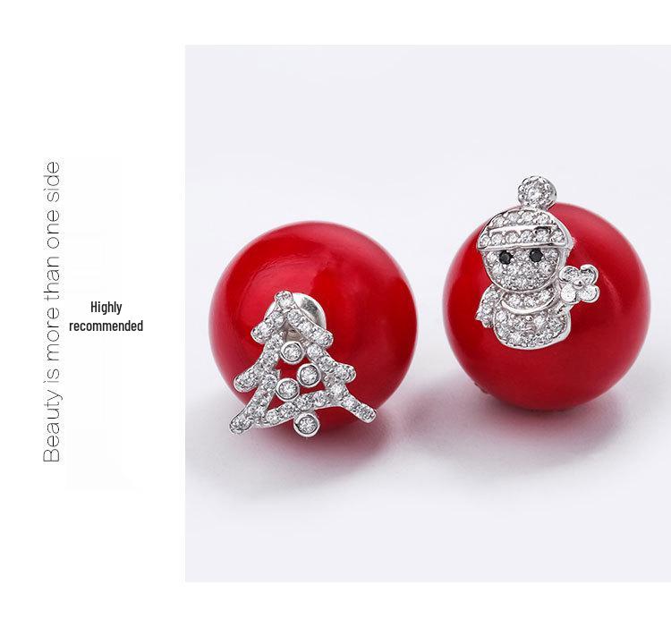 Christmas Reindeer Snowflake Red Pearl 925 Sterling Silver Stud Earrings
