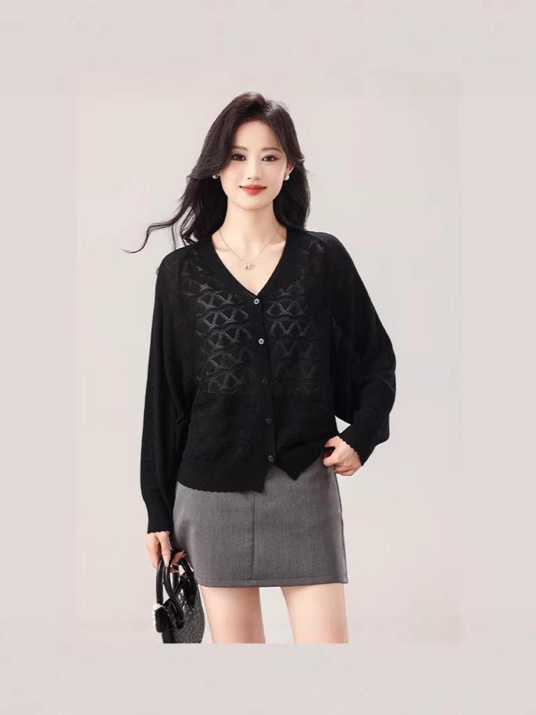 2026 Plus Size Women's Knit Cardigan: Tencel, Hollow Out, Single-Breasted, Solid Color, Korean Style for Spring & Autumn