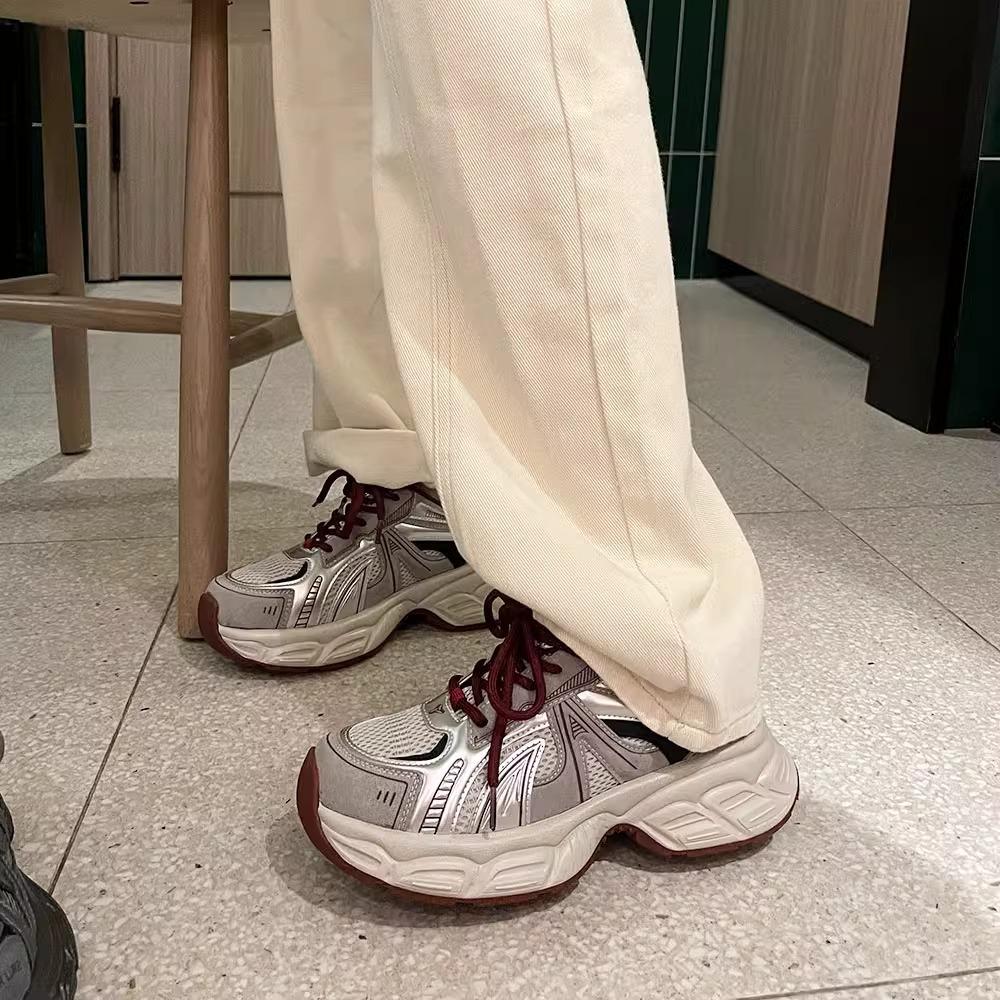 Cowhide Version~ Genuine Leather Platform Dad Shoes Women's 2025 New Autumn Height Increase Lightweight Casual Mesh Red Sneakers