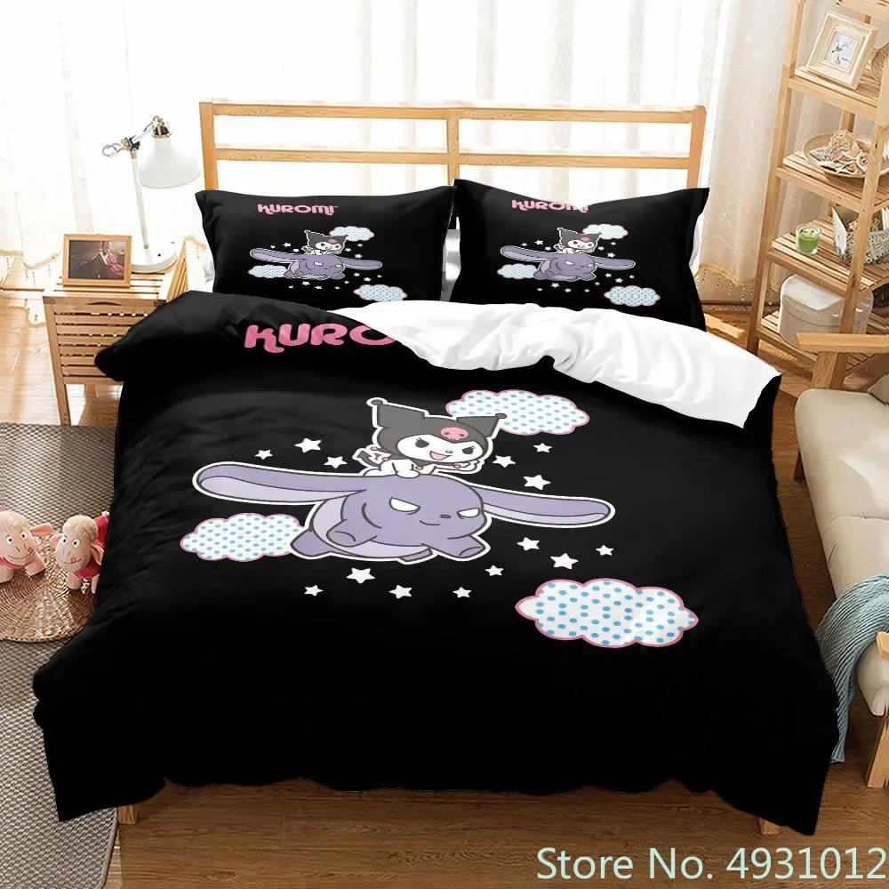 Sanurgente Kuromi Melody Bedding Set Pillowcase Anime Bedclothes Cartoon 3D Printed Kids Adult Boys Quilt Duvet Cover Gift