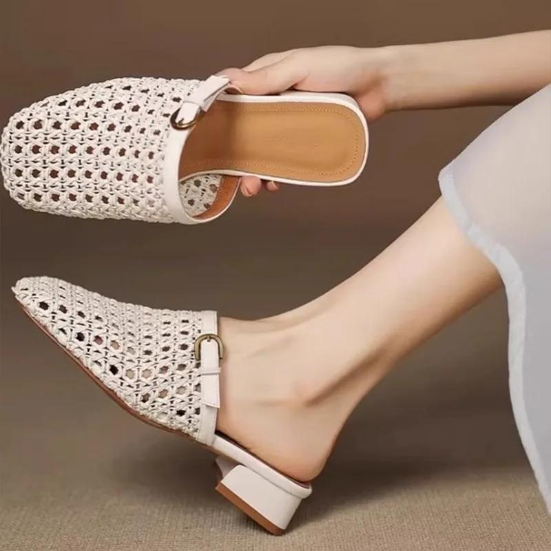 Fashion Women's Vintage Woven Breathable Cutout Half Slip Block Heel Elegant Casual Slippers