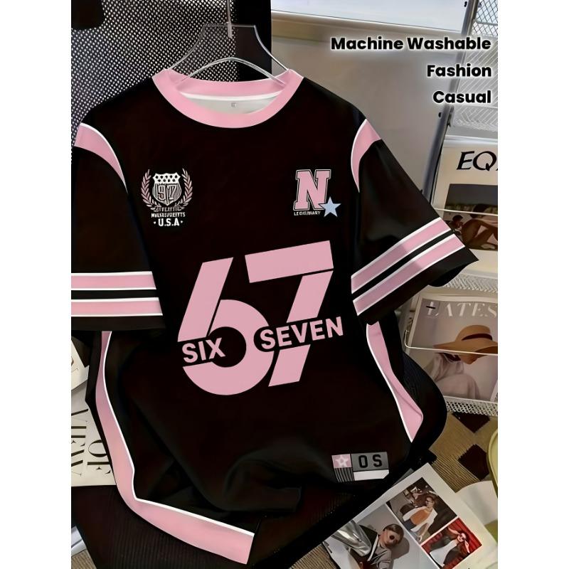 2026 Summer New Women Number 67 Personality American Casual Digital Print T Shirt Summer Women Beach Girl Short Sleeved Top