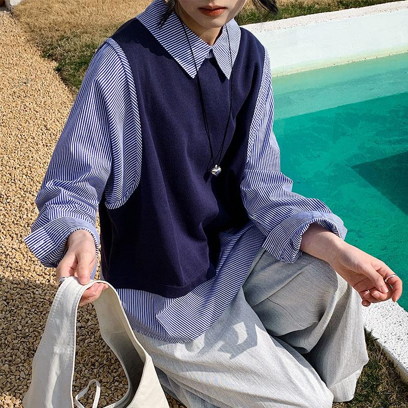 

Полосатая рубашка женская с длинным рукавом весенняя одежда новый вязаный свитер топ чувство дизайна фальшивая двухпредметная рубашка XXL