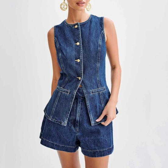 Women Vest Shorts Sleeveless Single-breasted Split Hem Round Neck Buttons Slim Fit