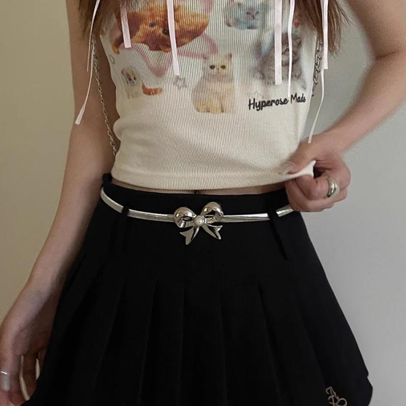 Y2K Metal Belt for Women, Bow Knot Elastic Adjustable Waist Chain Vintage Skirt Pants Accessories