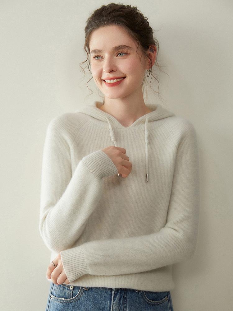 Women's Cashmere Hooded Ribbed Pullover - Autumn/Winter Fashion Knitwear