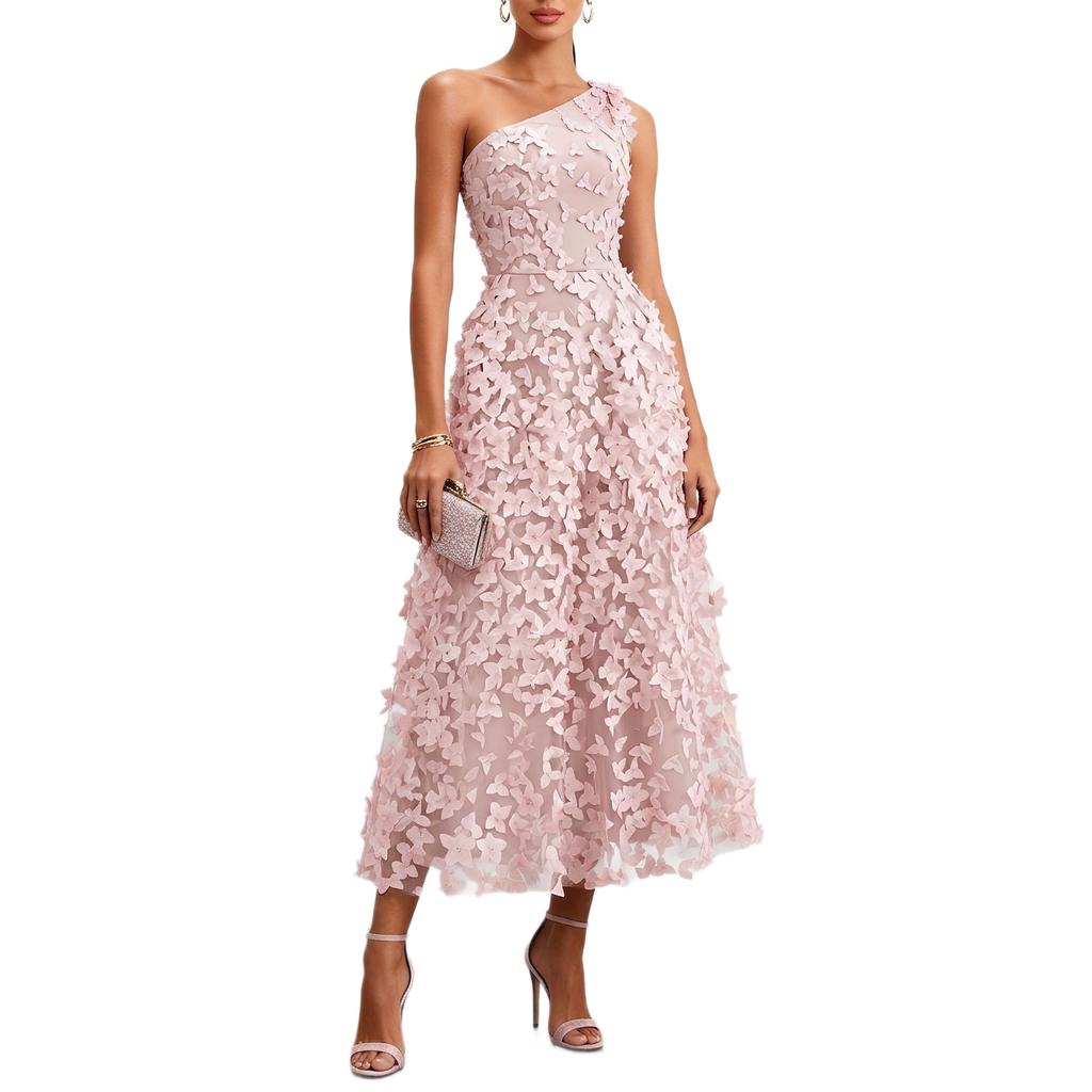 Summer new European and American style one-shoulder three-dimensional flower dress women's holiday style waist thin medium and long dress