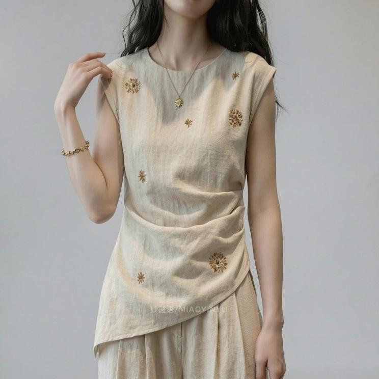 Summer new light mature floral embroidered sleeveless tank top, off-white waist-cinching old money style plus-size top