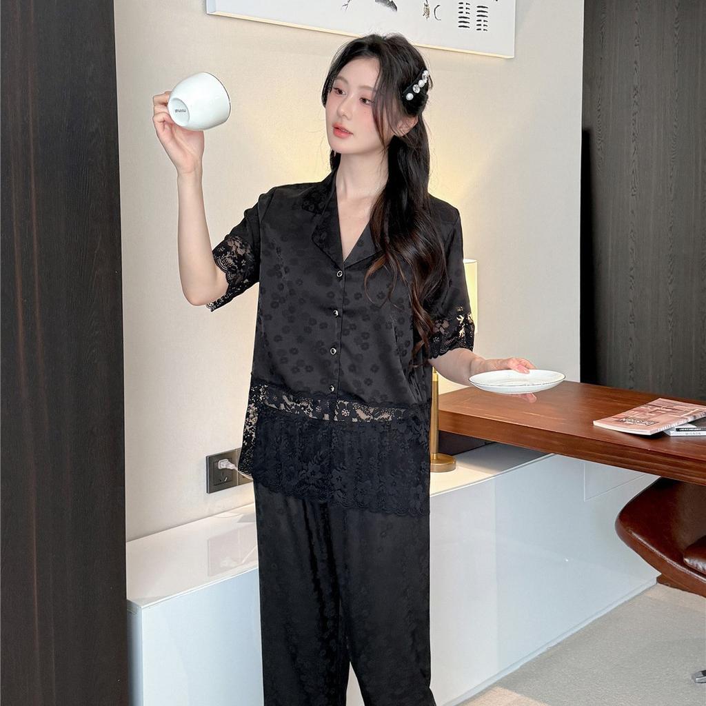 Pajamas women's ice silk summer new sexy lace splicing trousers short-sleeved two-piece set ice and snow silk loungewear set
