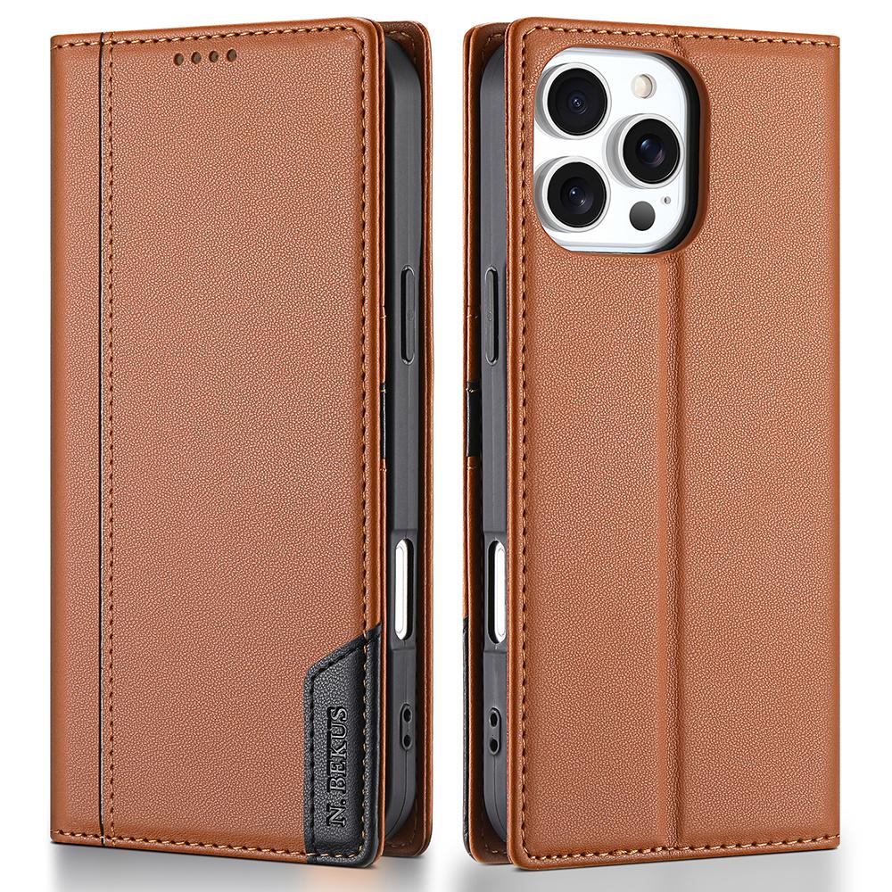 

N.BEKUS P3 For iPhone 16 Pro Max Case RFID Blocking Wallet Stand PU Leather Flip Phone Cover Brown