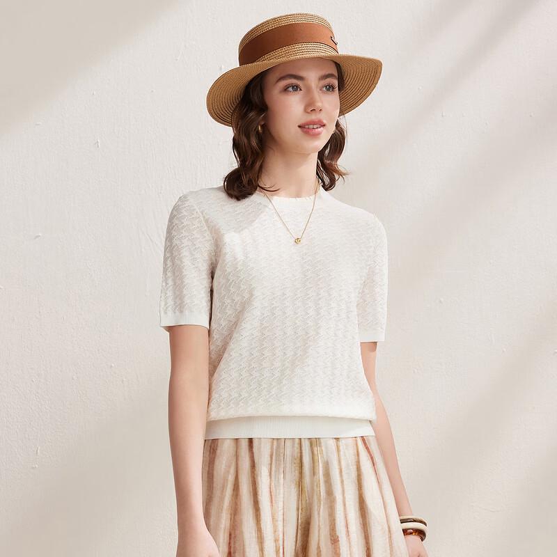 Zhaojun Damen-Jacquard-Strick-T-Shirt aus Seidenmischung mit Hahnentrittmuster