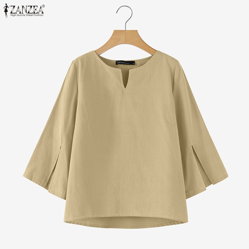 ZANZEA Women Casual V-neck Solid Color Loose 3/4 Sleeve Cotton Blouse