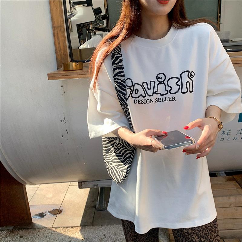 Summer New Loose Round Neck Personalized Letter Printing Thickened Polished Medium and Long Sleeve T-shirt Top Women
