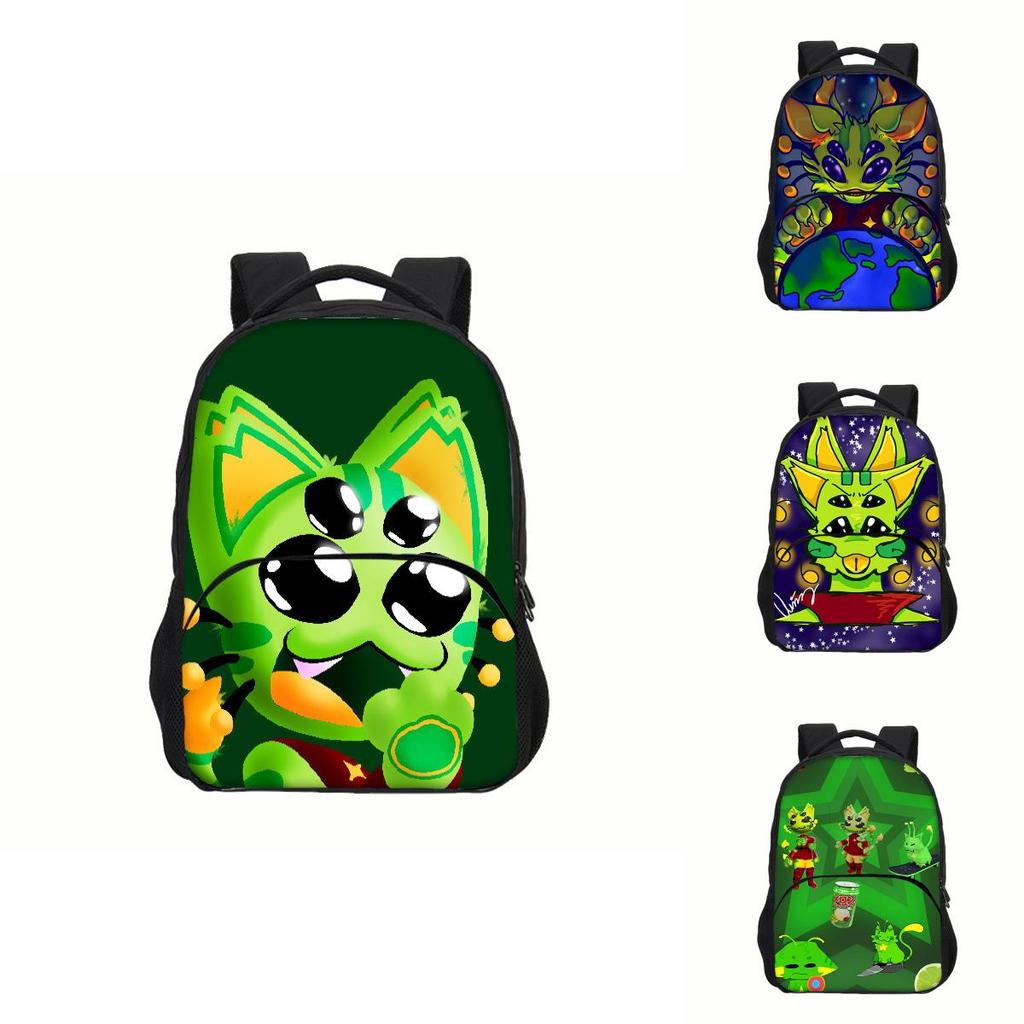 Regretevator Gnarpy Green Cat Backpack With Printed Design For School Use