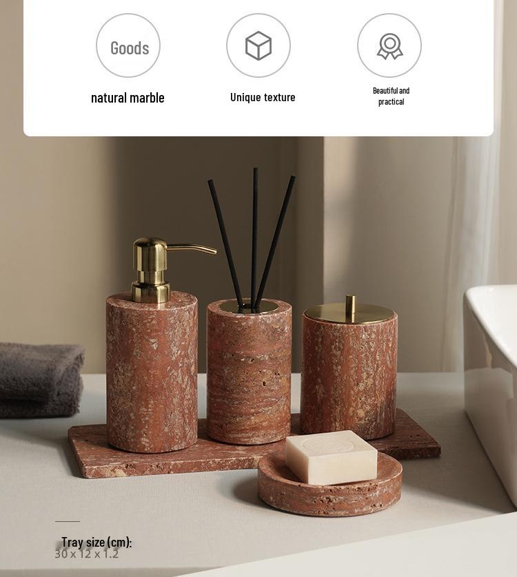 DecoTalk Wabi-sabi Red Travertine Bathroom Washbasin Set with Aromatherapy Tissue Box Tray