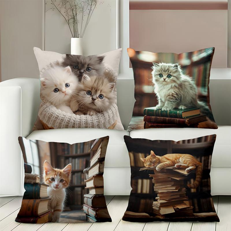 Cute Kitten Print Pillows With Books Pattern Polyester pillowcase, sofa decorative cushion cov Headboard Pillow