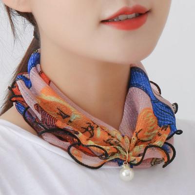 Women Faux Pearl Ruffled Square Scarf Fashion Multi-use Lace Hair Band Gift
