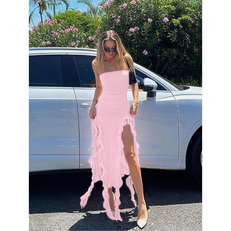 2026 Womens Off-Shoulder Tube Top Bodycon Asymmetrical Hem Pleated Maxi Dress Solid Color Street Chic