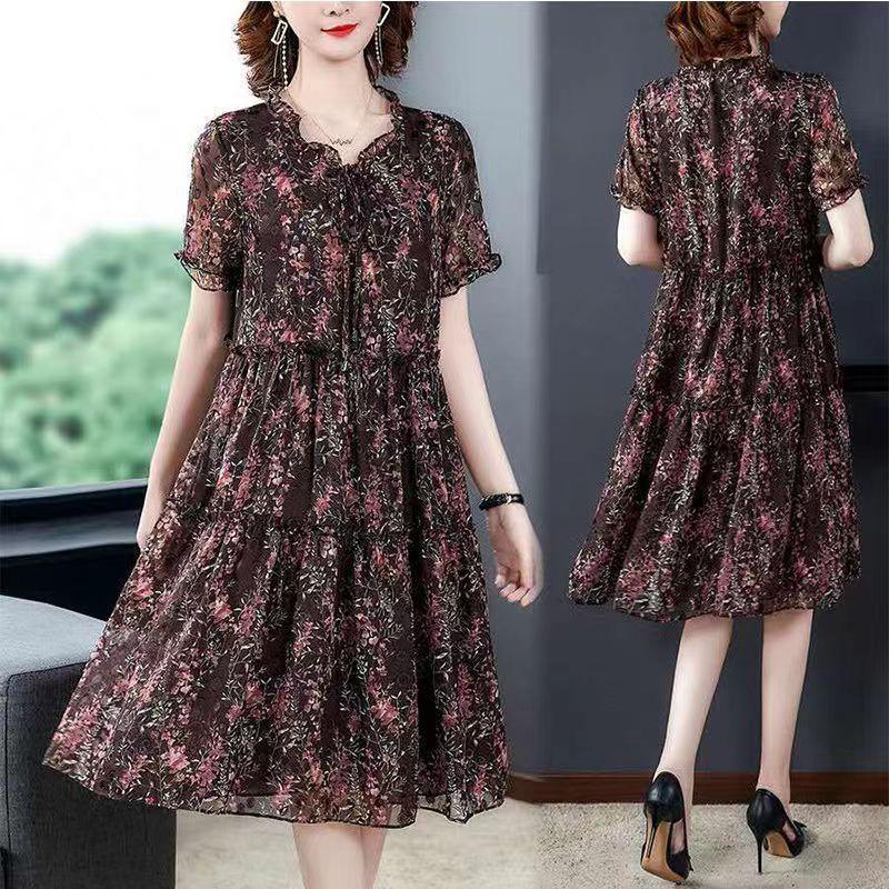 Summer Floral Dress Women's Plus Size Dress Mesh Long Chiffon Printed Dress