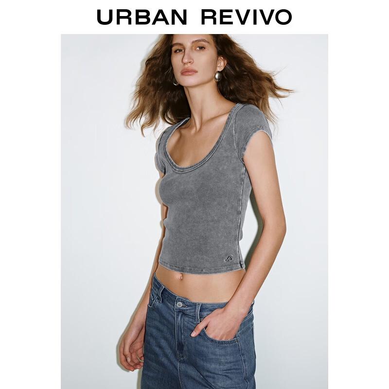 UR Women's Solid Textured Slim-Fit U-Neck T-Shirt