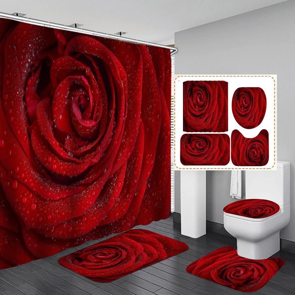 Rose Flower Waterproof Polyester Shower Curtain Set Nature Flowers Bathroom Curtains Set Non-Slip Bath Rug Toilet Cover Mat
