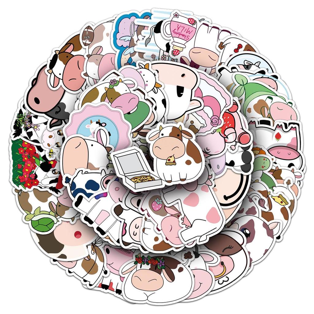 50pcs Cute Cow Stickers for Kids - Cartoon Animal Waterproof Decals for Diary, Laptop, Suitcase, and Fridge Decoration.