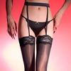 Sexy Glossy One-Piece Suspender Stockings8DHorse Oil Silky Hollow Out Hibiscus Lace Over-the-Knee Long Tube Garter Black Stockin