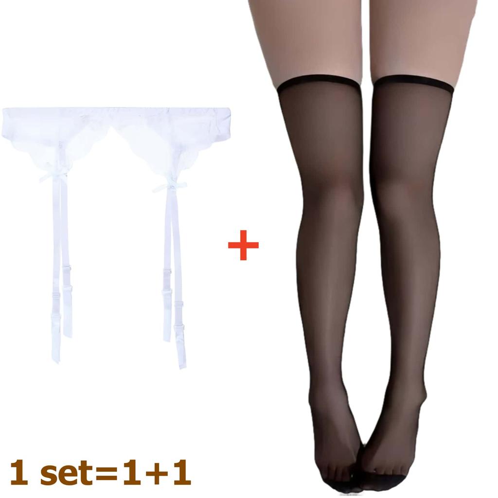 2Pcs Women'S Adjustable Non-Slip Stockings High Waist Garter Belt Plus Size Sock Set Lace Mesh Suspender One-Piece Pantyhose Xxl