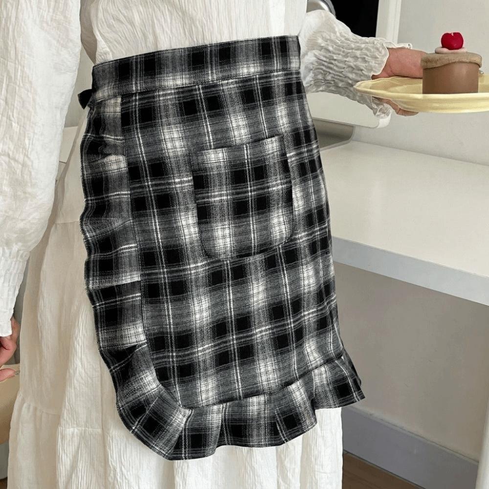 with Pocket Korean Style Apron Fashion Kitchen Cafe Baking Apron Floral Plaid Half Apron Man Woman