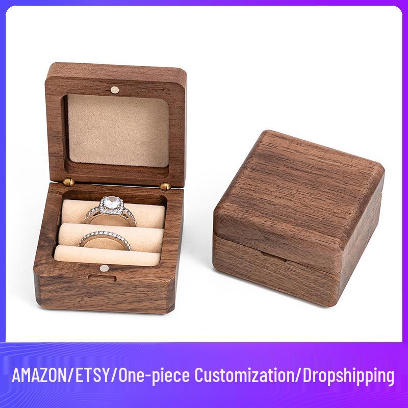 In-Stock Walnut Wood Double Engagement Ring Box - Solid Mini Jewelry Box with Engraved Pattern