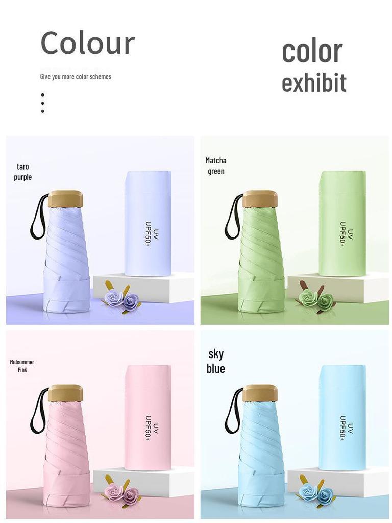 Five-Fold UV Protection Mini Umbrella - Women's Portable Sun & Rain Dual-Use, Black Glue Anti-Ultraviolet Sunshade, Printed Logo