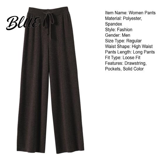 Casual Trousers Women Long Pants Elastic High Waist Wide-Leg Knitted Comfortable Knit with Pockets Solid Color Autumn Winter Warm Lightweight