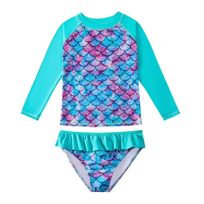 Girls' Long Sleeve Fish Scale Swimsuit Set with Sunscreen Protection