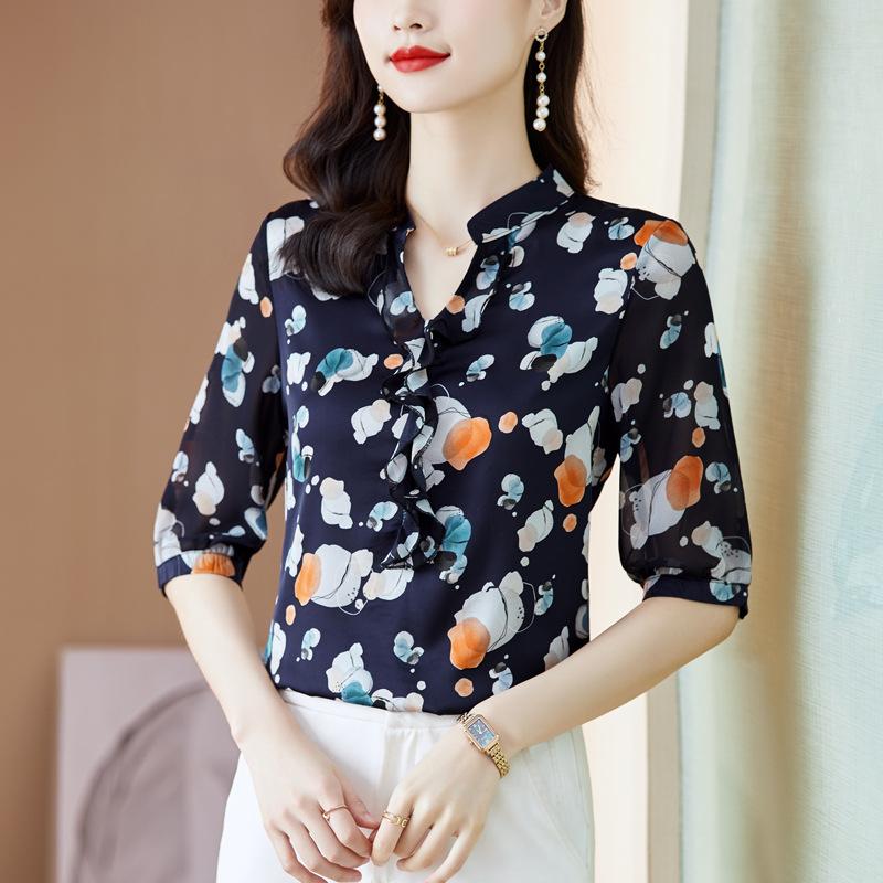 Silk Shirt Women's Short Sleeved Summer T-shirt Mid Sleeved V-neck Printed Western-style Small Shirt Mulberry Silk Top