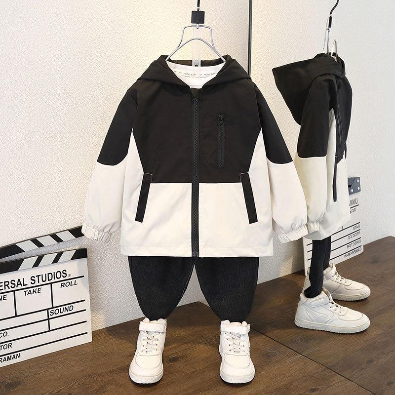 

Children s Spring and Autumn Jackets, Boys Color Matching Hooded Windbreakers, Boys Long-sleeved Jackets, Tops 160 чорний