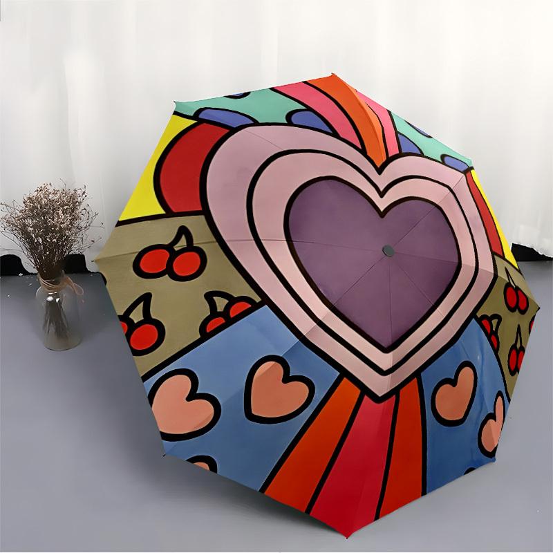 1pc Heart Pattern Automatic Folding Umbrella, Portable & Foldable Design with 8 Ribs, Casual Outdoor Accessory Yy250805146