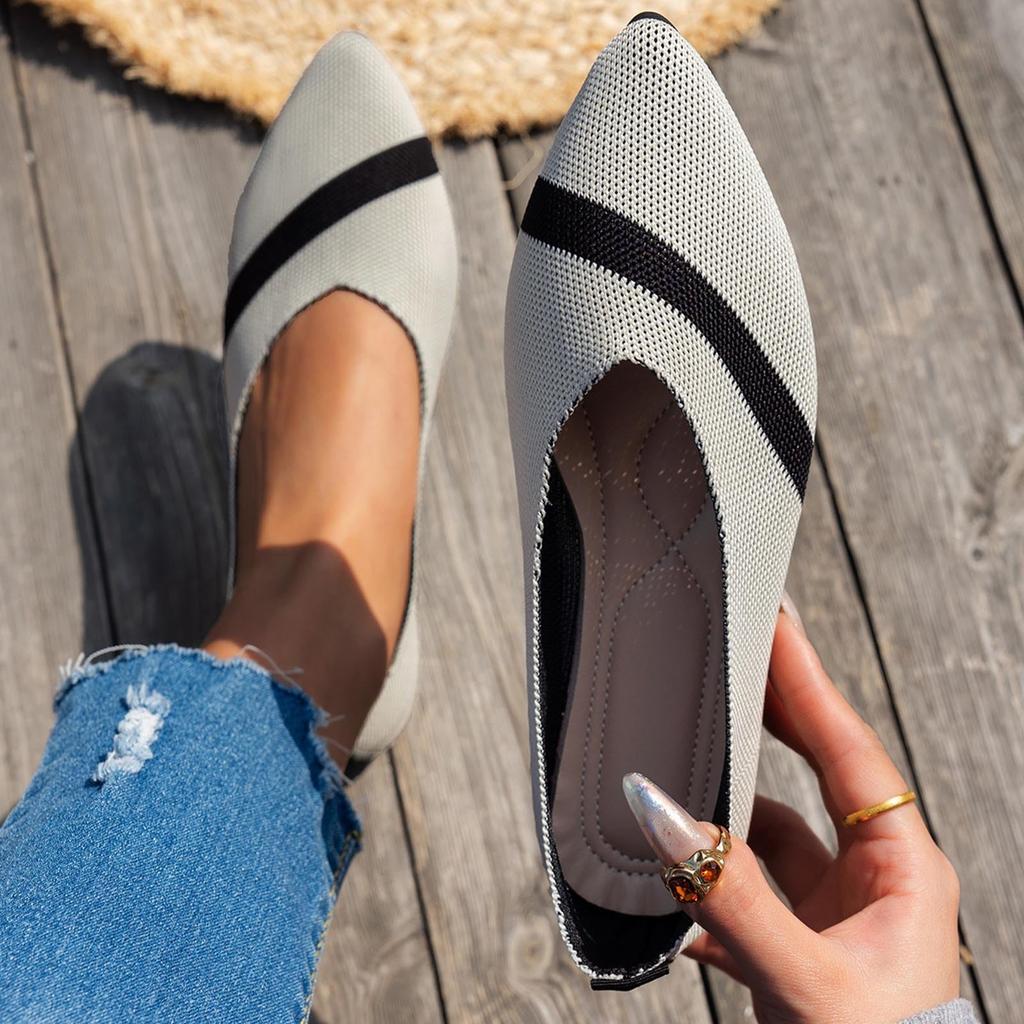 Women Knit Flat Shoes Pointed Toe Breathable Soft Sole Shallow Slip On Comfortable Casual Office Loafers for Daily Wear