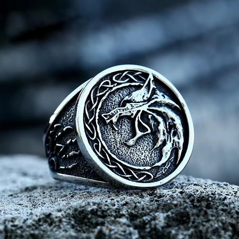 Adjustable Open Ring Men Women Sterling Wolf Head Carved Statement Vintage Style