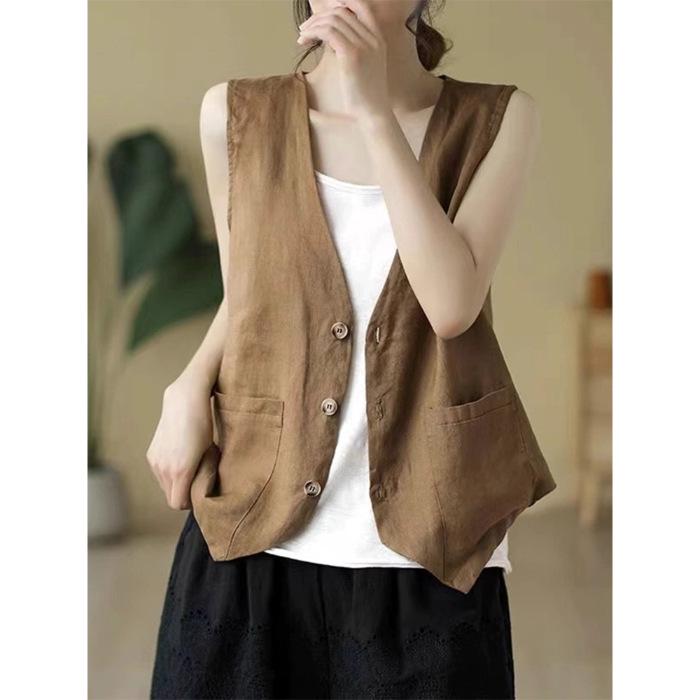 

Повседневный жилет из хлопка и льна больших размеров - Мода весна/лето L