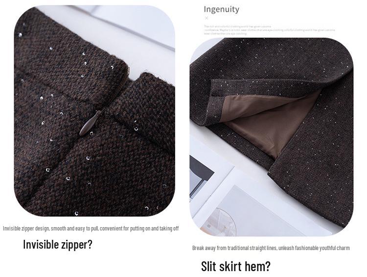 Sequined Mid-Length A-Line Skirt - 2025 Autumn/Winter Slit Hip-Hugging Style for Women