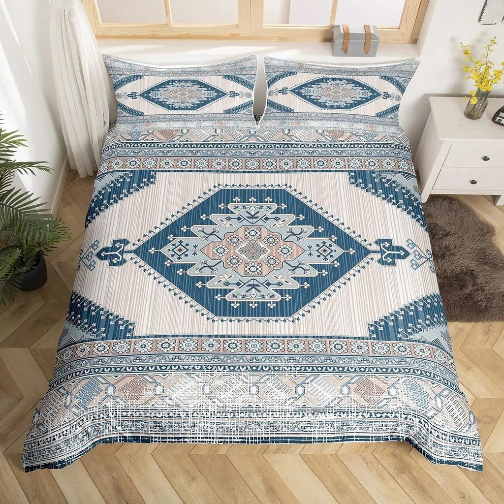 Tribal Floral Duvet Cover Set Bohemian Geometric Flowers Bedding Set Mysterious Indian Abstract Grid Quilt Cover Twin King Size
