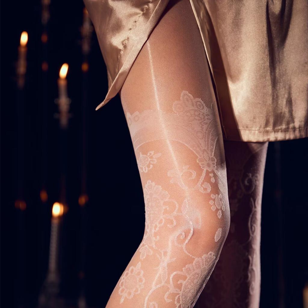 Zhixin Baroque Aurora Floral Jacquard Black Stockings Sexy Shiny Silky Ultra-Thin T Crotch cutout opening