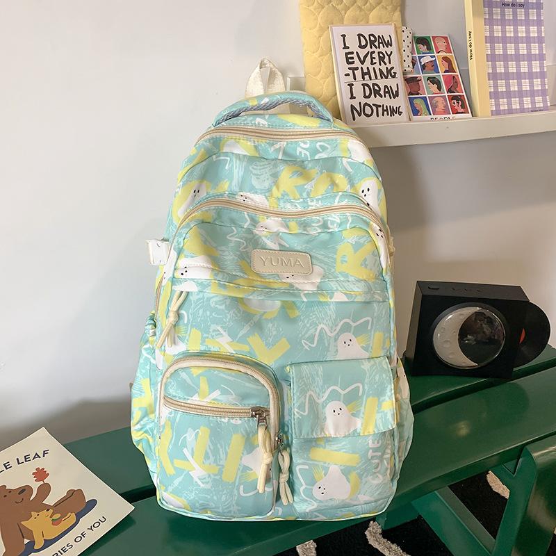 

Large capacity junior high school graffiti Korean version schoolbag junior high school high school new high value backpack зелений