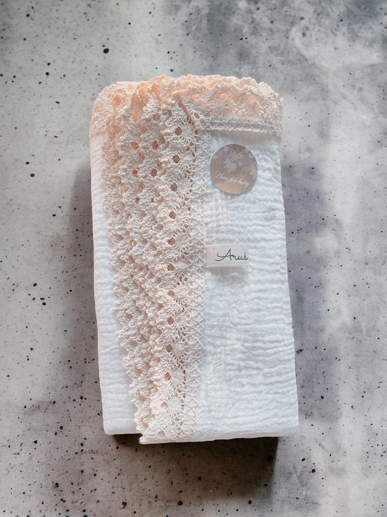 Muslin Blanket 100x75 with Premium Lace, Cream