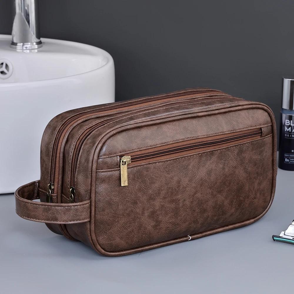 Doppellagige Kulturtasche für Herren PU-Leder Reise Wasch-Organizer Dopp-Kit Wasserabweisend Rasier Kosmetik Tasche Aufbewahrung